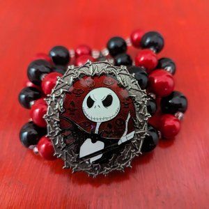 Jack Skellington Red Black Nightmare Before Christmas Cameo Glass Bead Bracelet